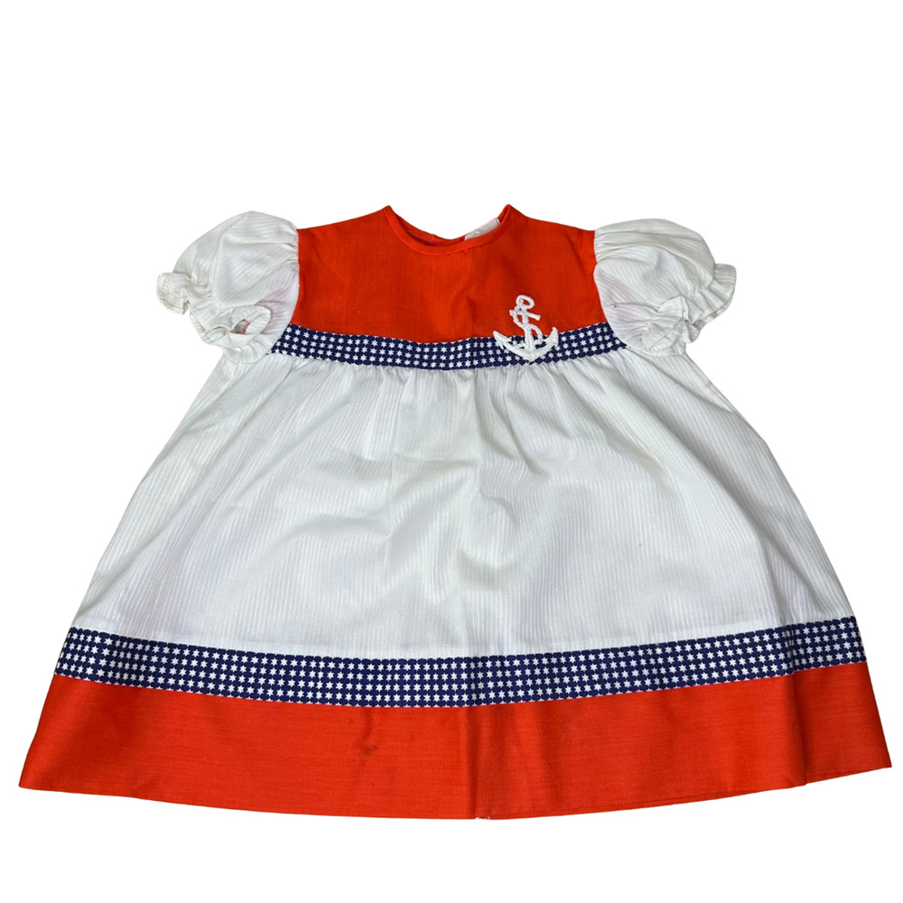 Vintage Nannette‎ Baby Dress Nautical Anchor Stars Made in USA Size 2T